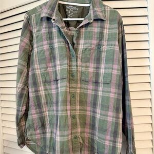 REI Co-op Campwell Flannel Shirt in a green and purple plaid pattern